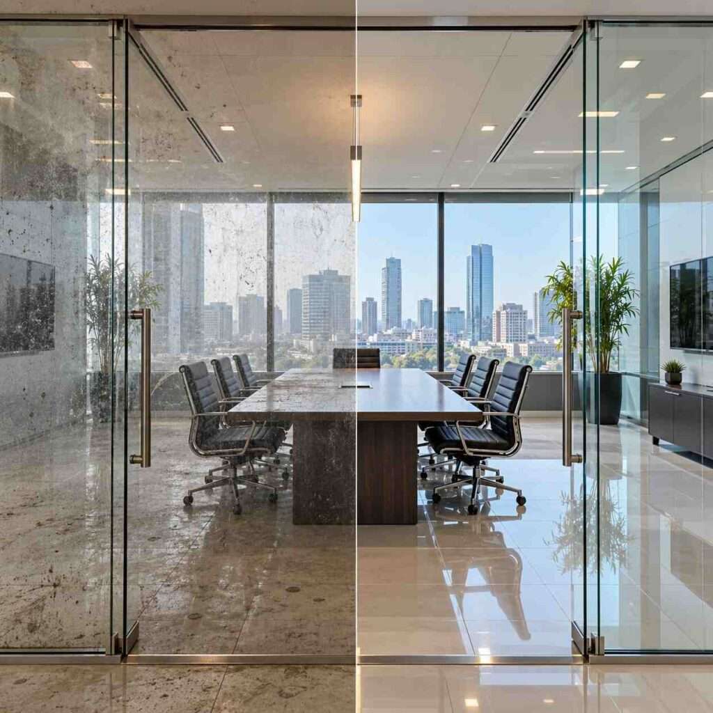 explain in 2 line The image shows a modern office meeting room before and after professional cleaning. The left side is dirty and smudged, while the right side is clean, bright, and polished.