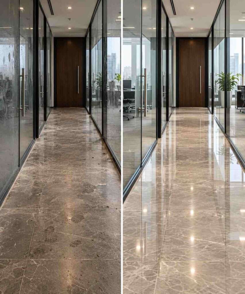 Before-and-after office corridor cleaning with polished floors and spotless glass.