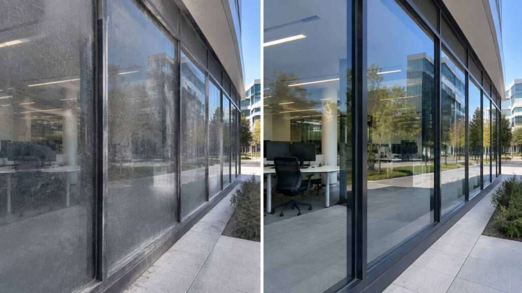 Before and after comparison of commercial office building windows showing dirty glass before cleaning and clear streak-free windows after professional window cleaning.