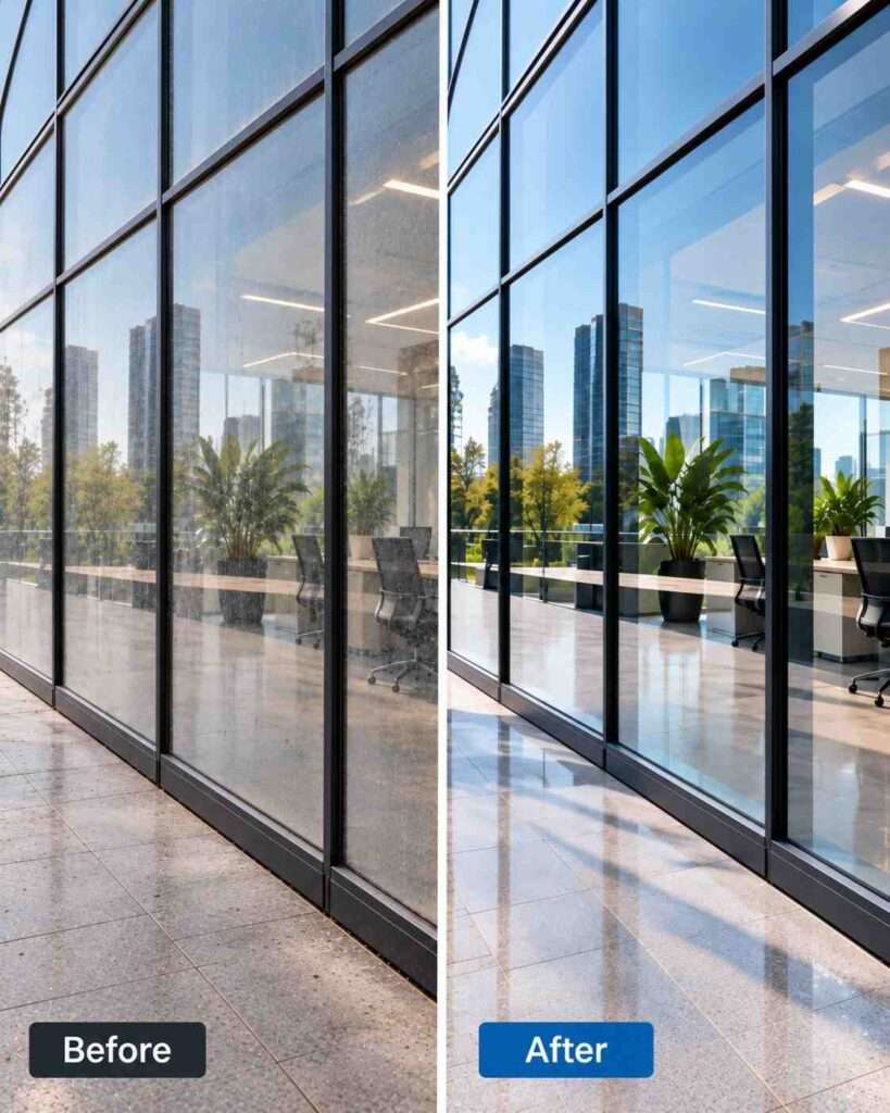 Before and after comparison of a commercial office building’s glass windows showing dusty glass before cleaning and spotless, streak-free windows after professional window cleaning.