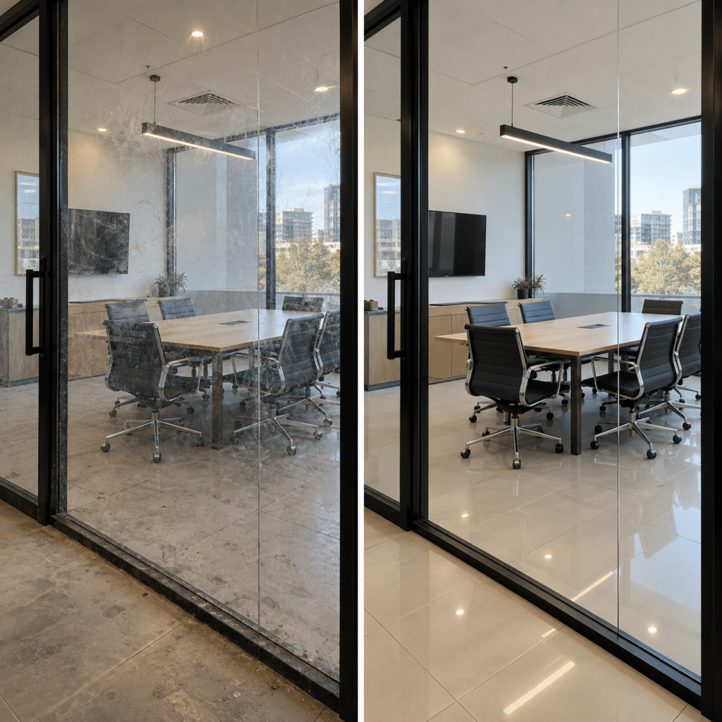Before and after office cleaning in Auburn, Sydney, showing spotless glass partitions, polished floors and a clean meeting room.