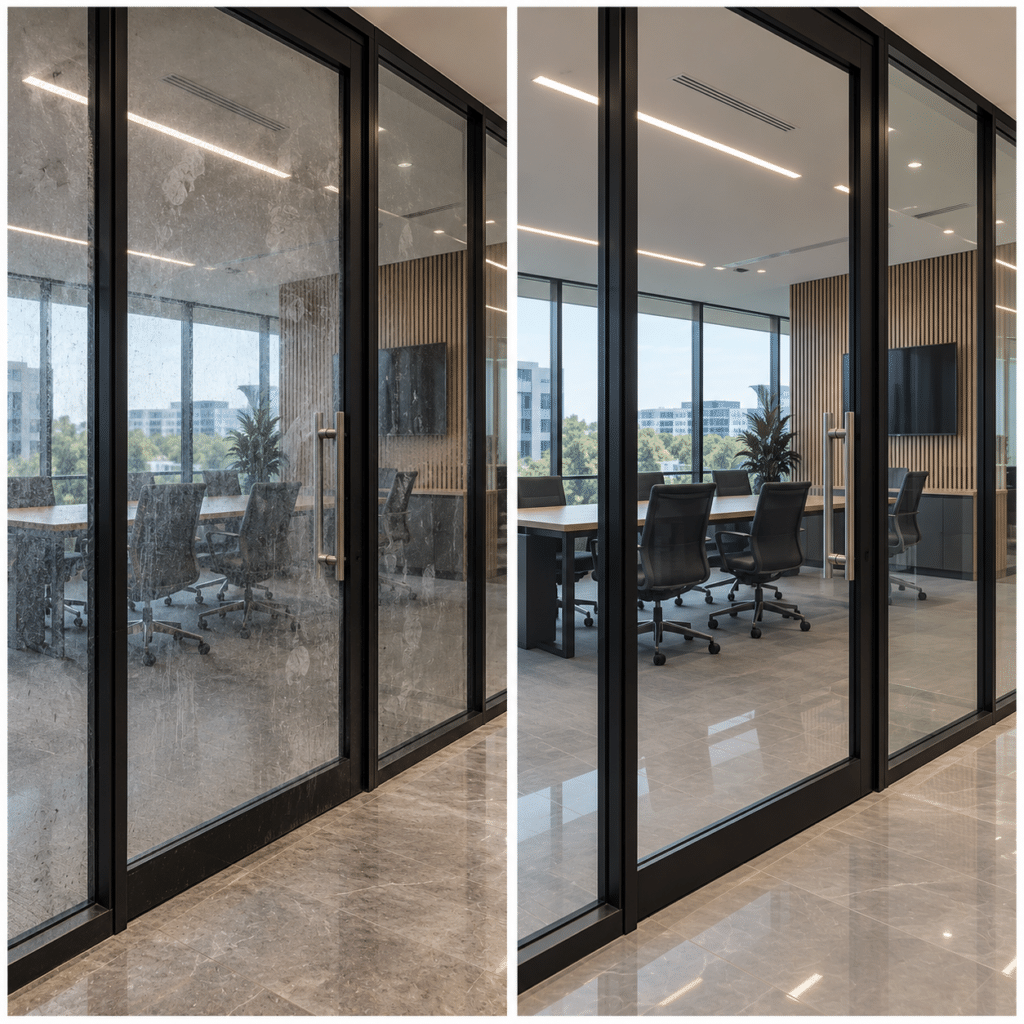 Before-and-after office glass door cleaning with smudged glass transformed into a clear, spotless finish.