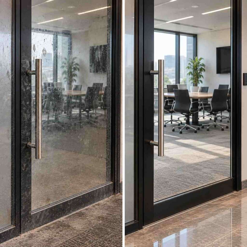 Split image of an office glass door before cleaning on the left and spotless after cleaning on the right.