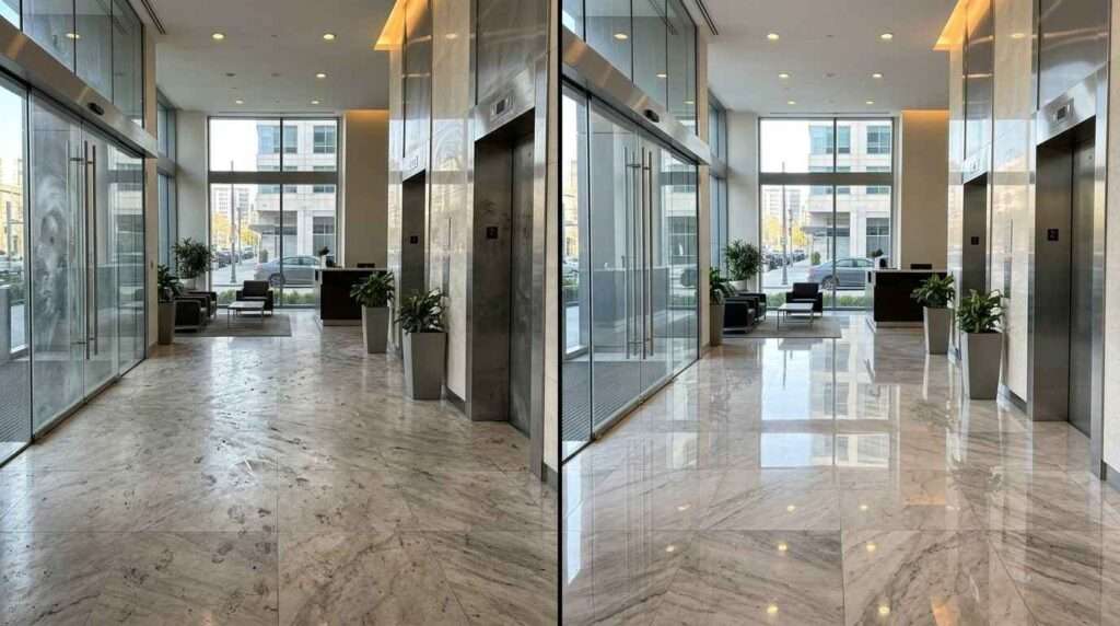 Before and after comparison of modern office lobby entrance showing dull dirty marble floor versus deep high-gloss polished clean floor after professional commercial cleaning
