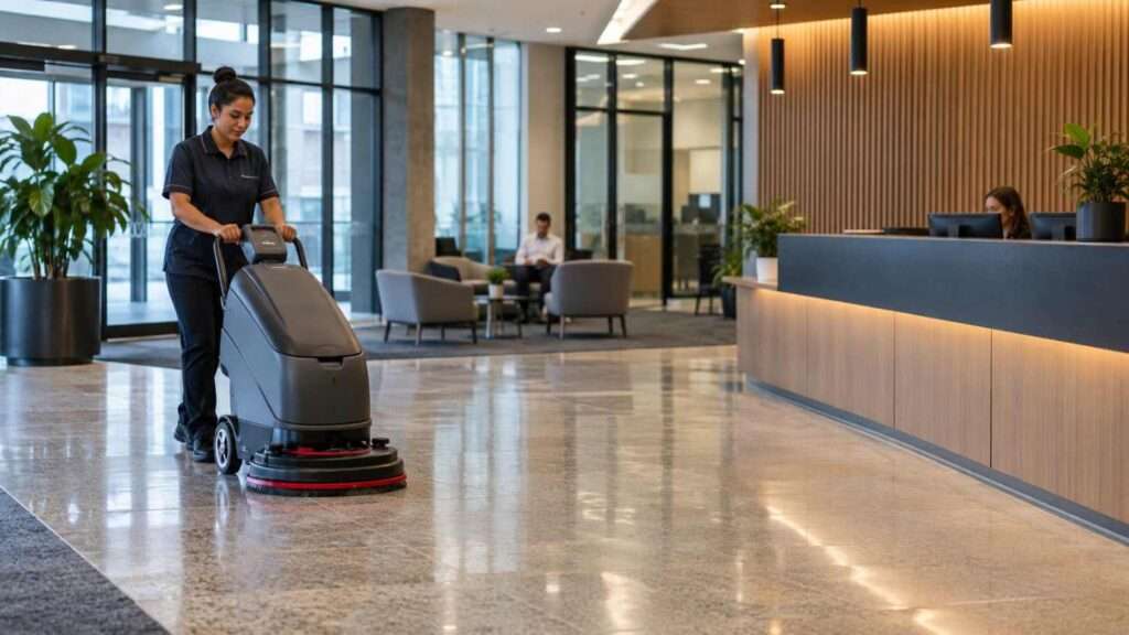 Cleaner performing routine floor maintenance in a commercial building.