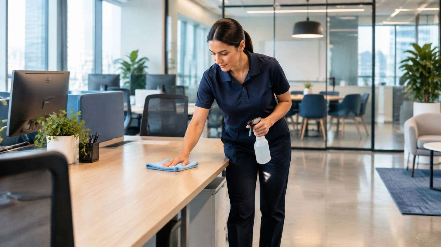 Cleaner wiping a workstation in a modern office environment.