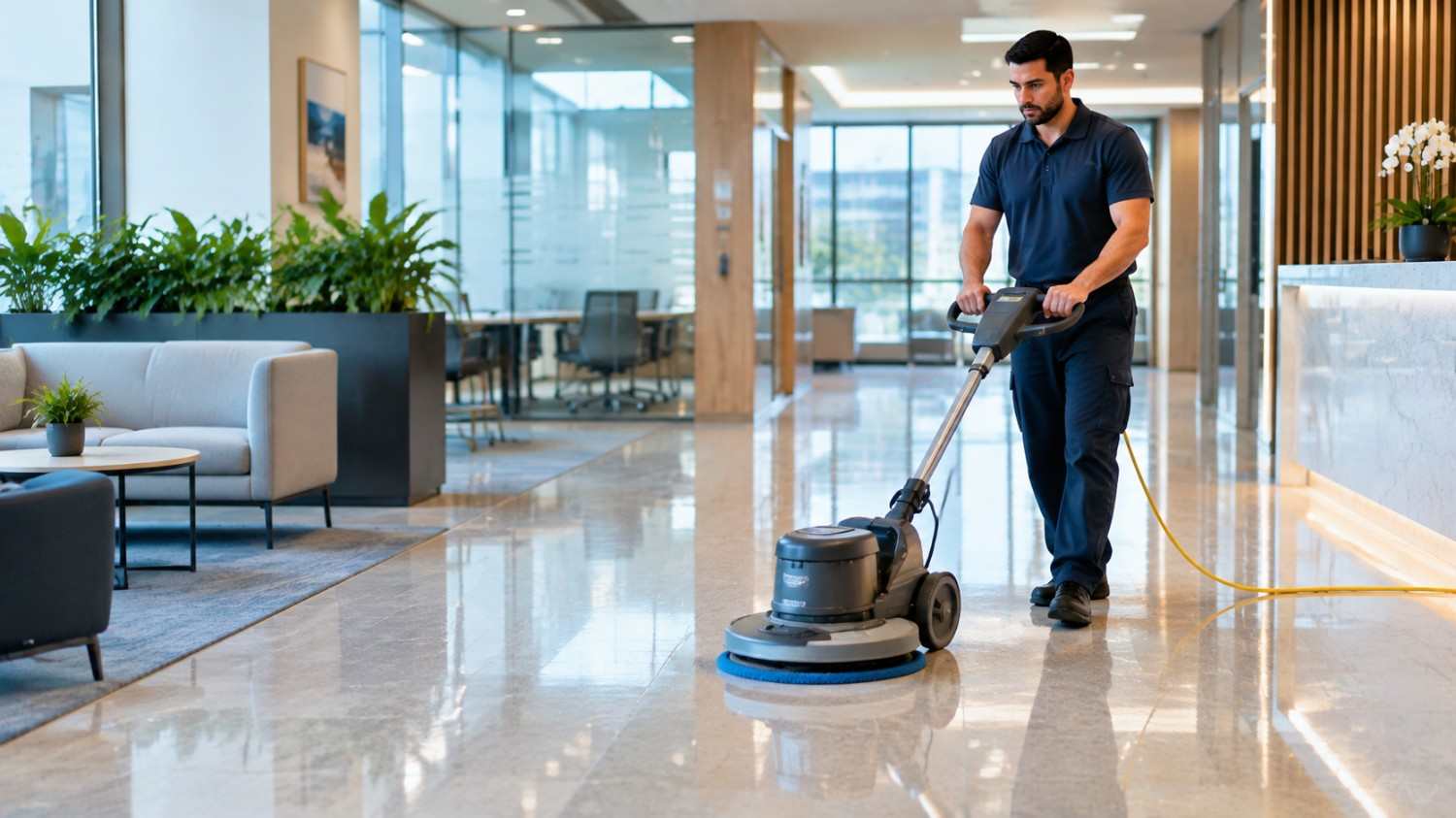 Cleaner maintaining a polished commercial floor with professional equipment.