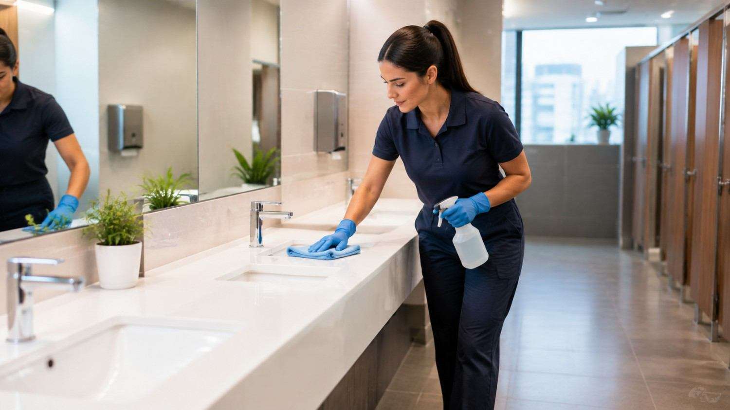 Cleaner sanitising surfaces in a modern commercial bathroom.