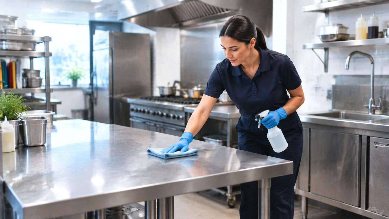 Cleaner sanitising surfaces in a commercial kitchen area.