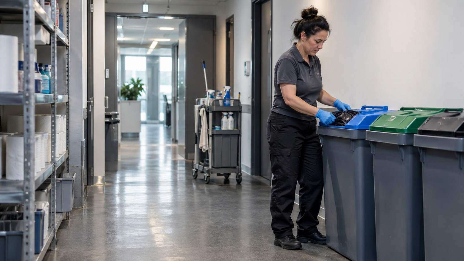 Worker managing waste bins in a clean commercial workplace area.