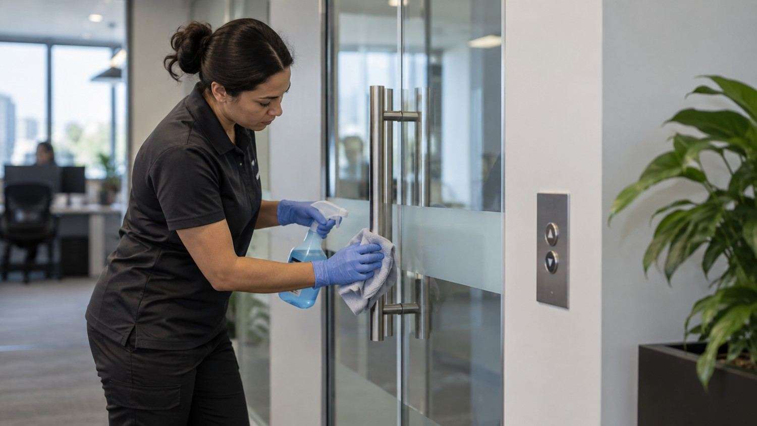 Cleaner disinfecting a frequently touched surface in a workplace.