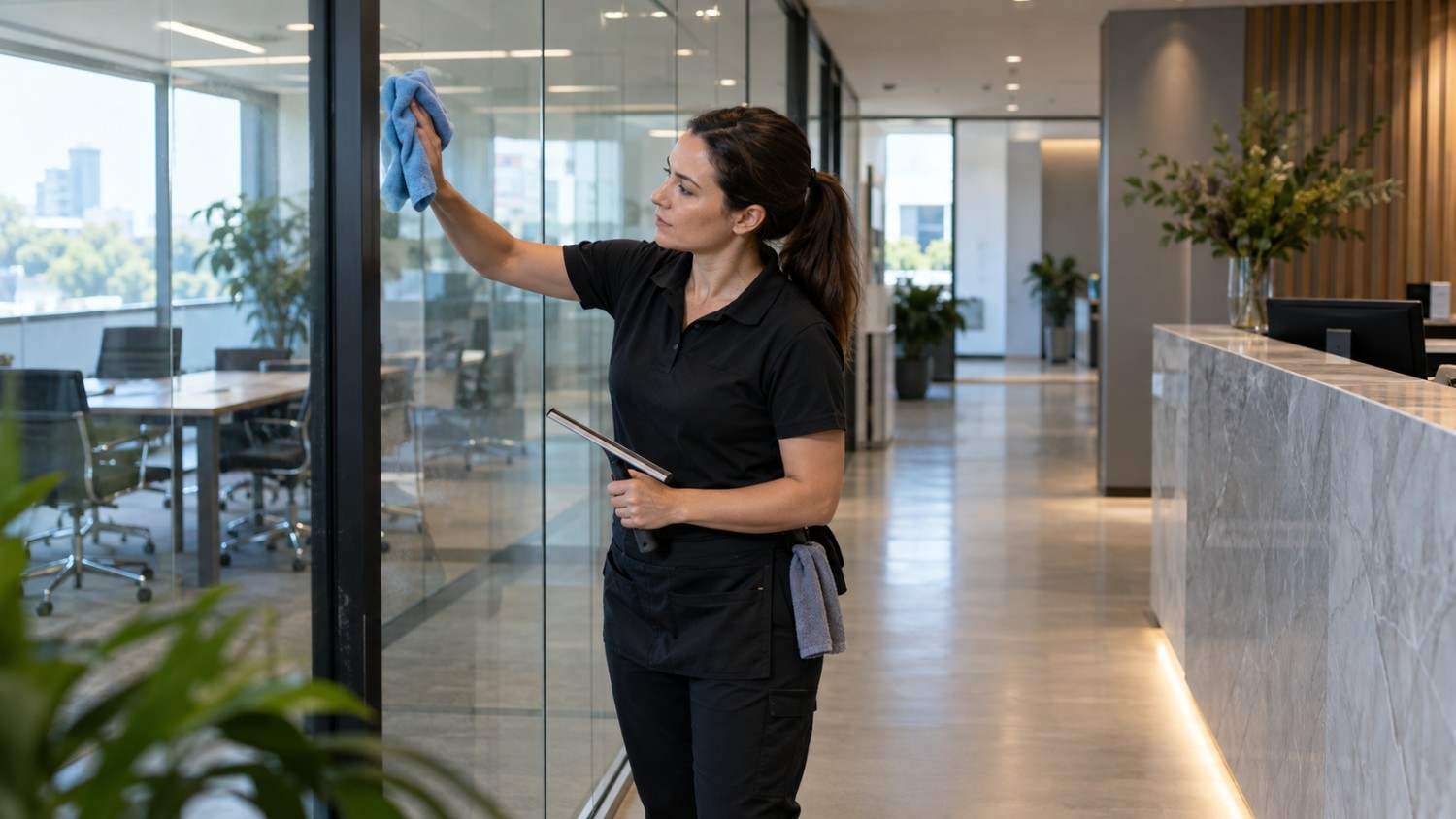 Cleaner wiping glass partitions and surfaces in a commercial office.
