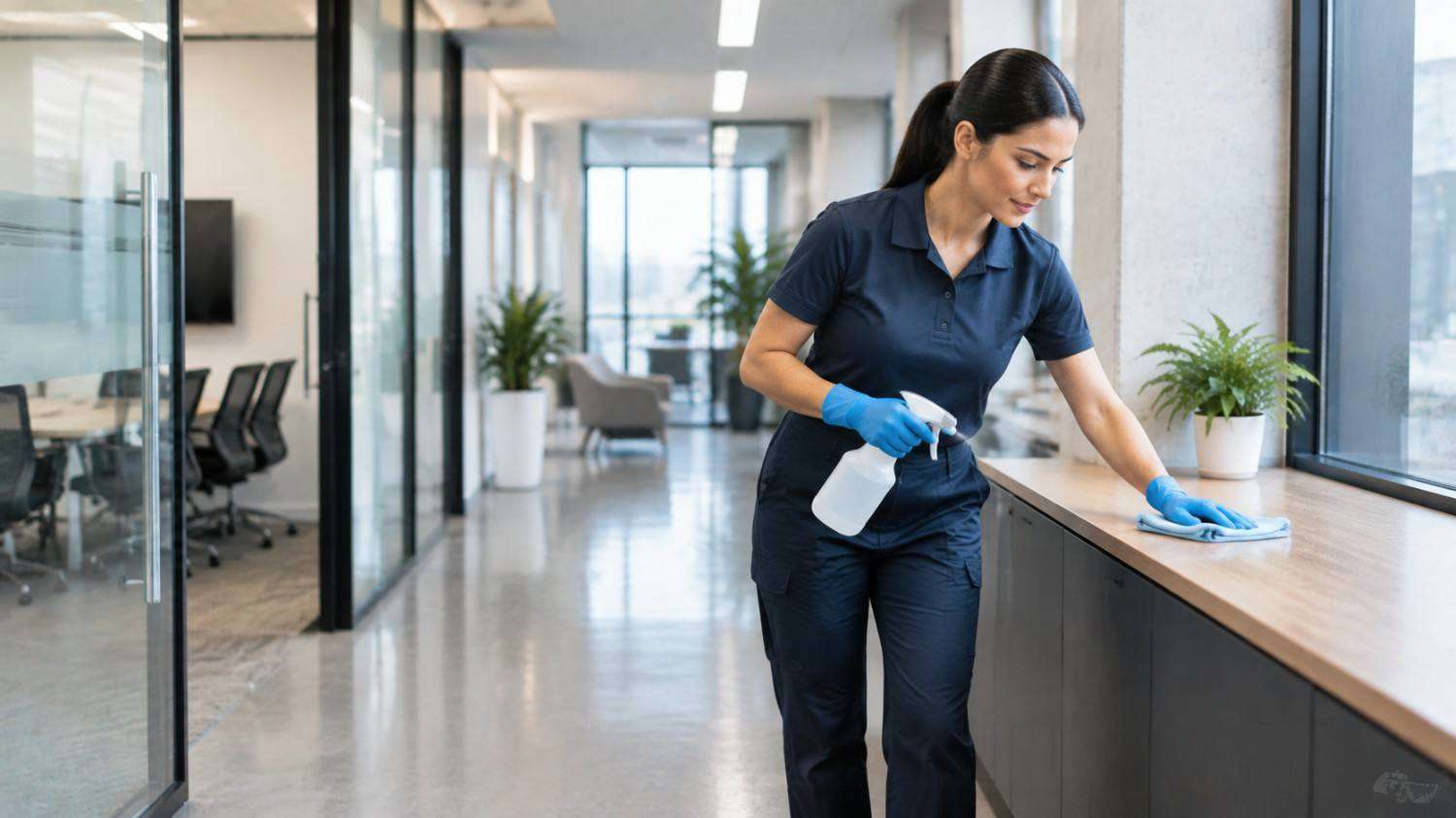 Cleaner performing routine maintenance tasks in a commercial workplace.
