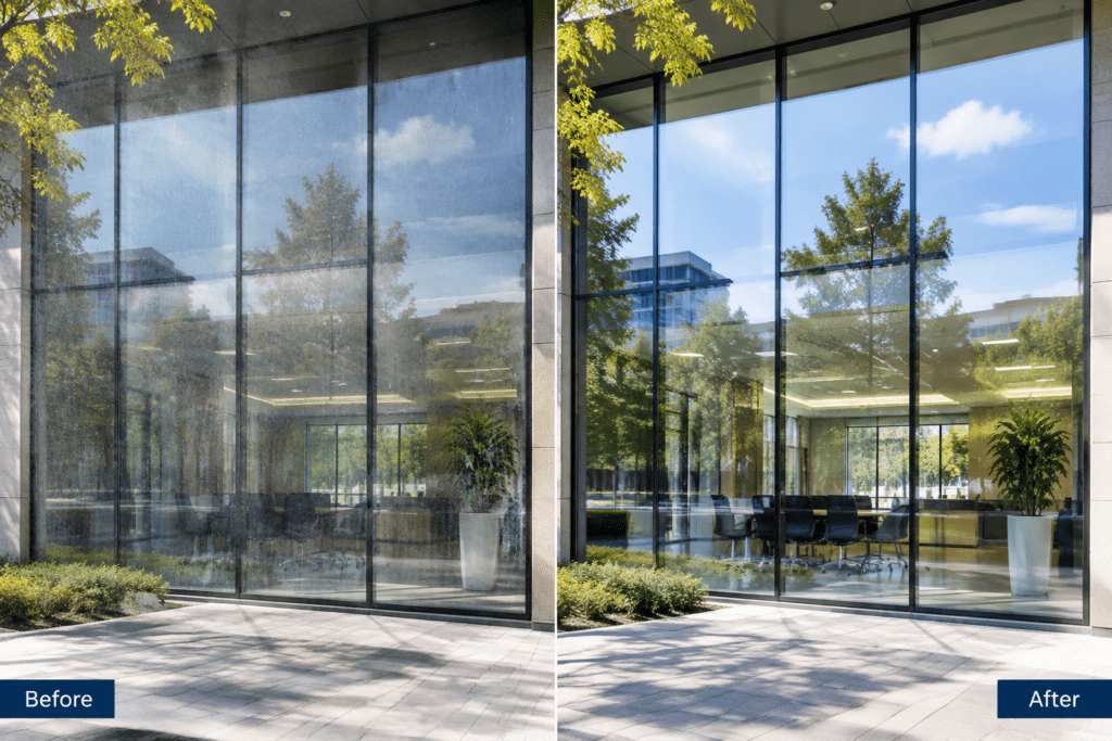 Before and after comparison of a commercial glass façade cleaning result.