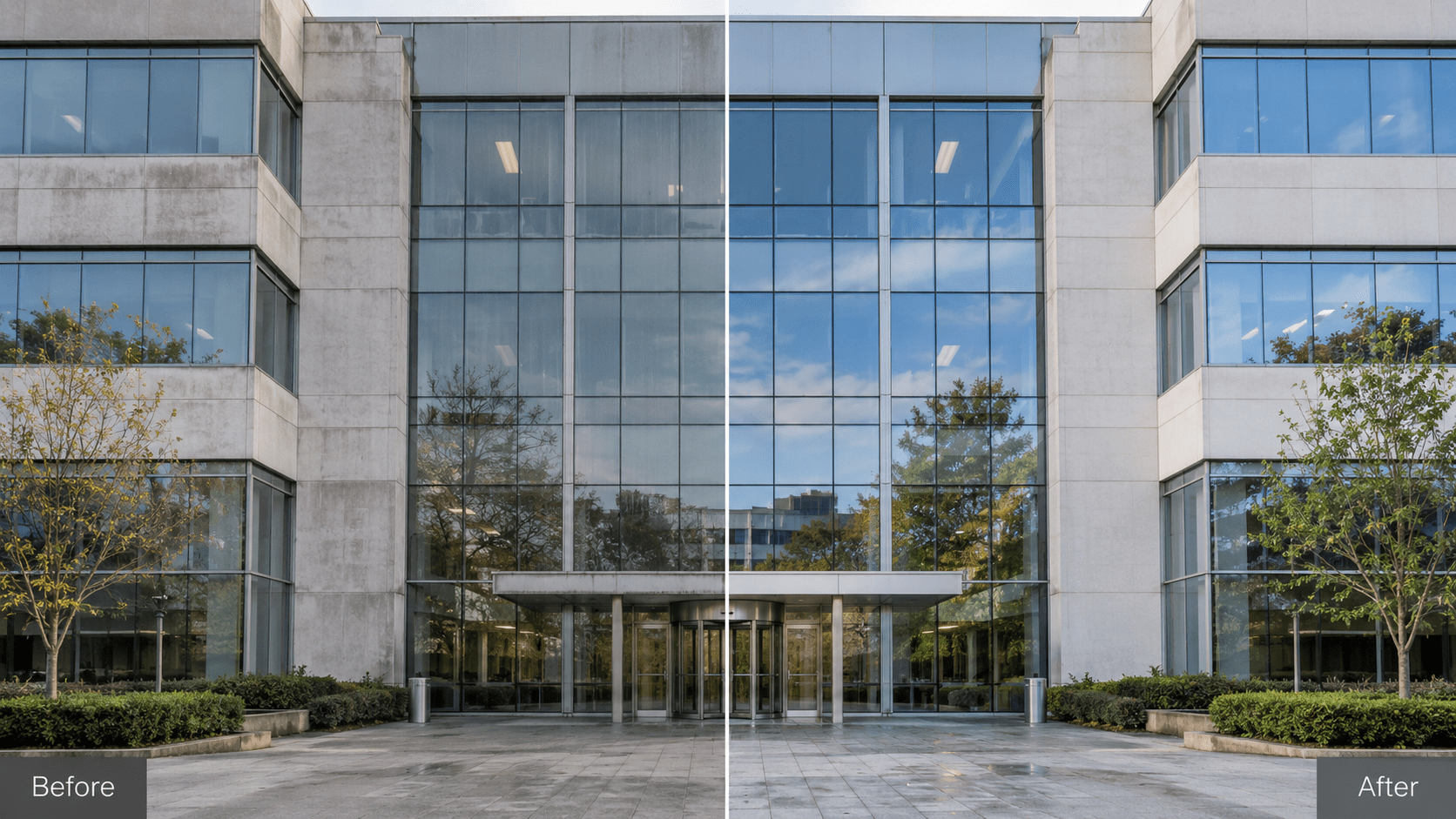 Before and after comparison of a commercial building exterior cleaning service.