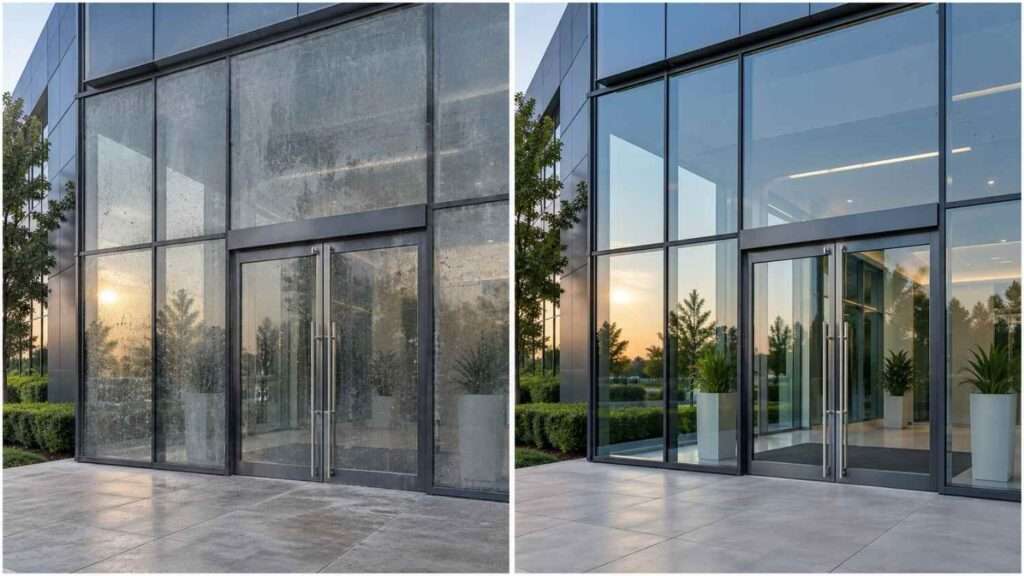 Before and after comparison of a commercial building lobby showing dirty, streaked glass and dull floors before professional cleaning, transformed into a spotless, polished, and well-maintained office entrance after cleaning.