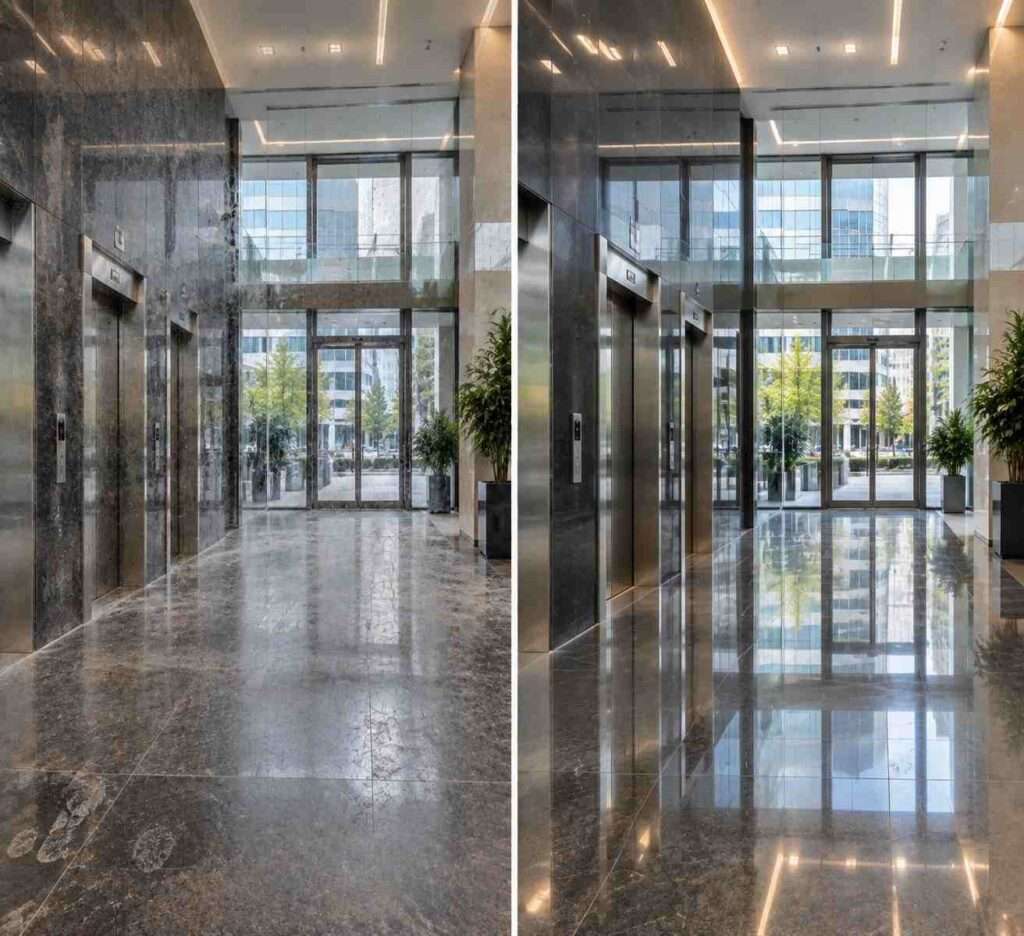 Before and after commercial building lobby cleaning image showing a dirty office entrance with stained glass, dusty surfaces, and dull flooring on the left, and the same lobby professionally cleaned with clear glass, polished floors, and a bright, well-maintained appearance on the right.