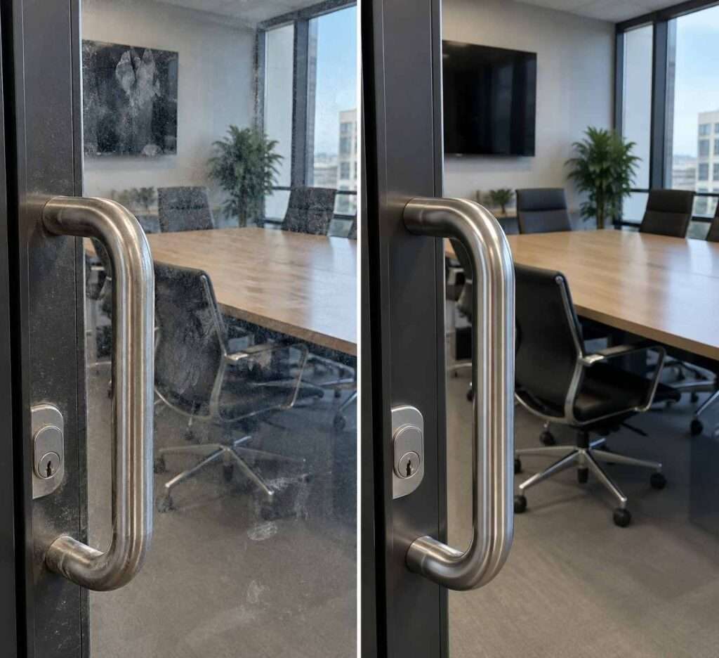 Split-screen before and after image of a commercial building lobby showing dirty glass walls, stained floors, and dull surfaces before cleaning on the left, and a bright, polished, professionally cleaned lobby with spotless glass and reflective floors on the right.