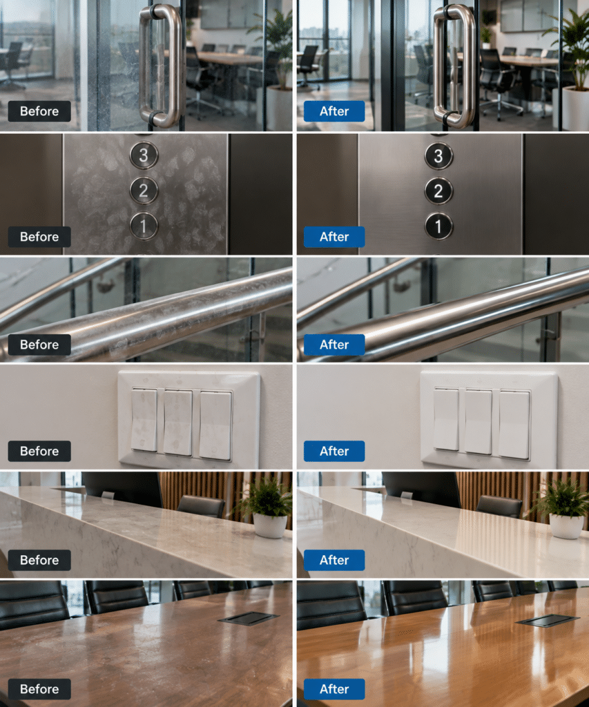 Before and after comparison image showing cleaned high-touch office areas, including a glass door handle, elevator buttons, stair handrail, light switches, reception counter, and meeting table, with the left side showing smudges and dust and the right side showing clean, polished, disinfected surfaces.
