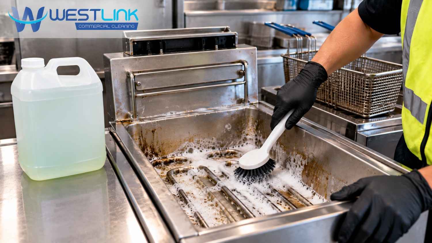 Professional cleaner wearing high-visibility safety clothing and protective gloves scrubbing grease buildup inside a commercial deep fryer using a cleaning brush and heavy-duty fryer degreaser.