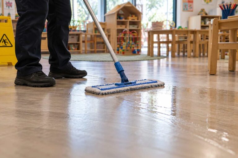 Cleaner cleaning floor in child care in Sydney