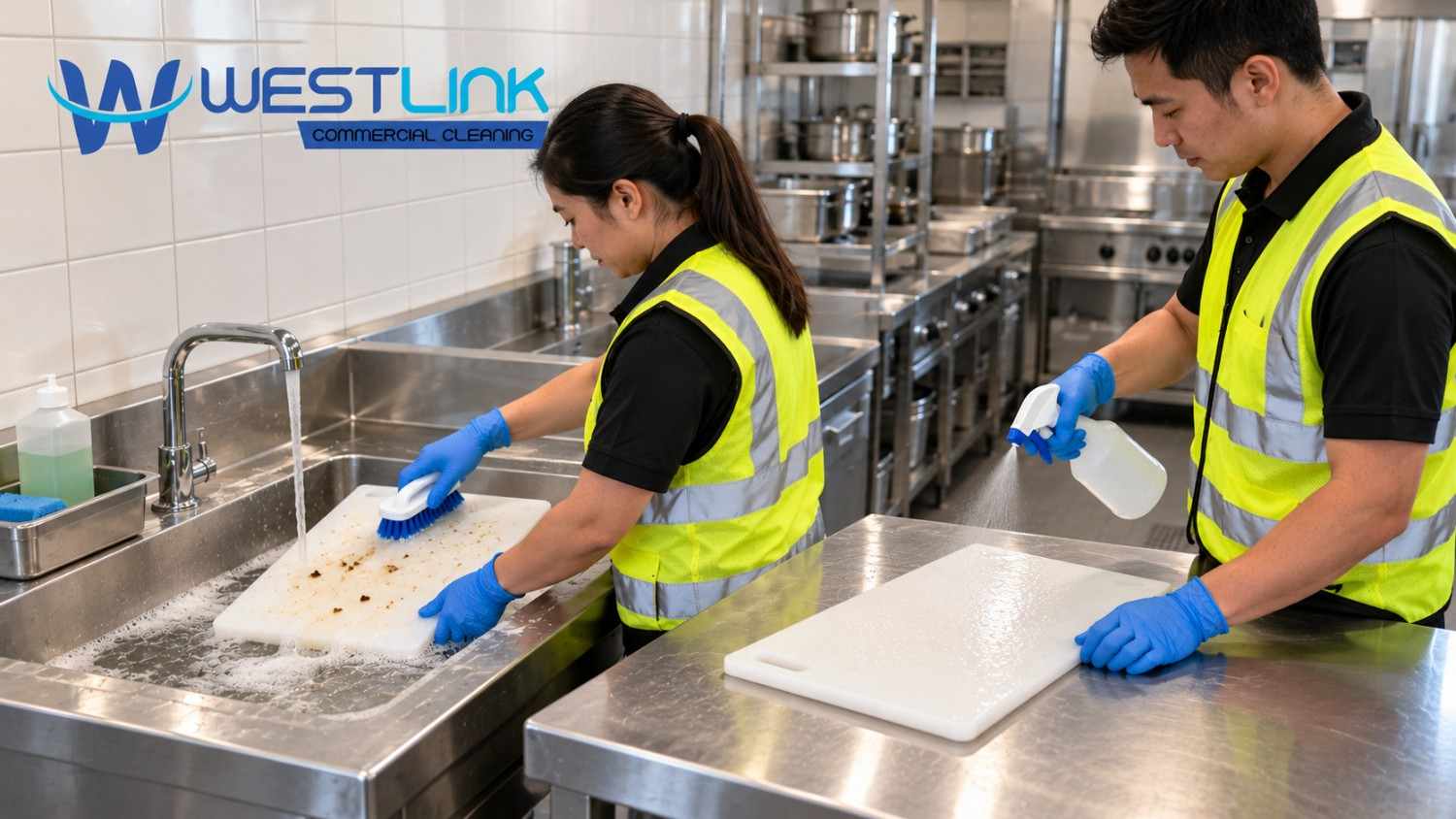 Two commercial kitchen cleaners demonstrate cleaning and sanitising: one scrubs food residue from a cutting board at a sink while another sprays sanitiser onto a separate clean cutting board.