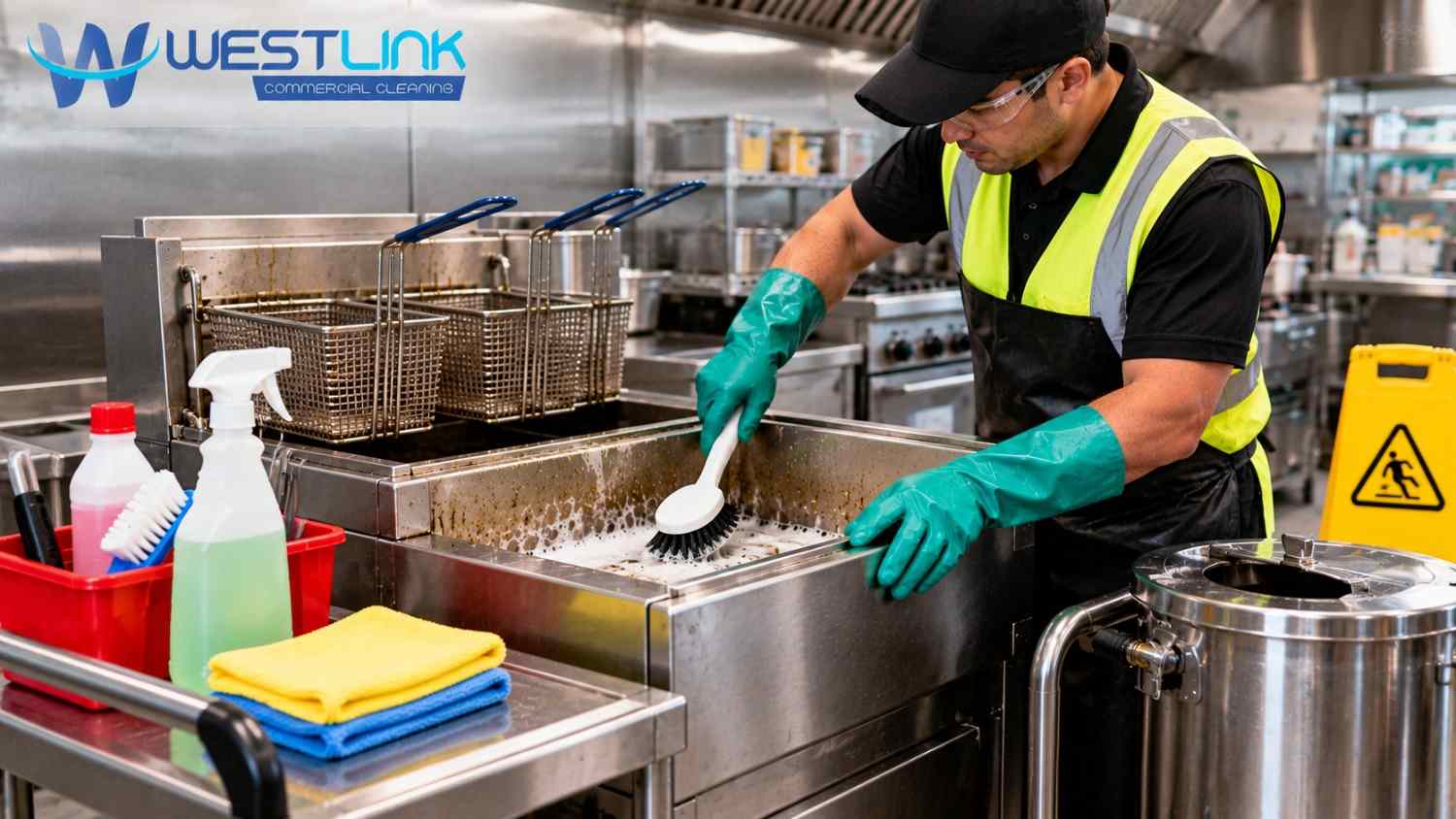 Professional cleaner wearing a high-visibility vest, protective goggles, chemical-resistant gloves and a black apron safely scrubbing a commercial deep fryer, with cleaning supplies and a wet floor warning sign nearby.