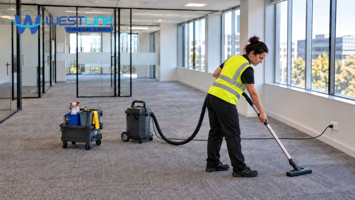 Westlink Commercial Cleaning professional wearing a yellow safety vest and vacuuming an empty office during commercial end-of-lease cleaning in Sydney.