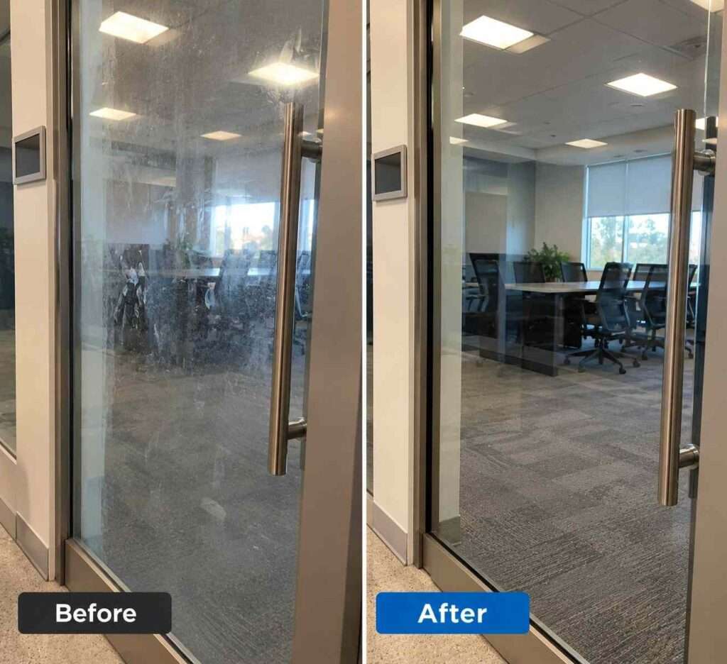 Before-and-after comparison of a commercial office glass door, showing smudged and dirty glass before cleaning and clear, polished glass after professional cleaning.