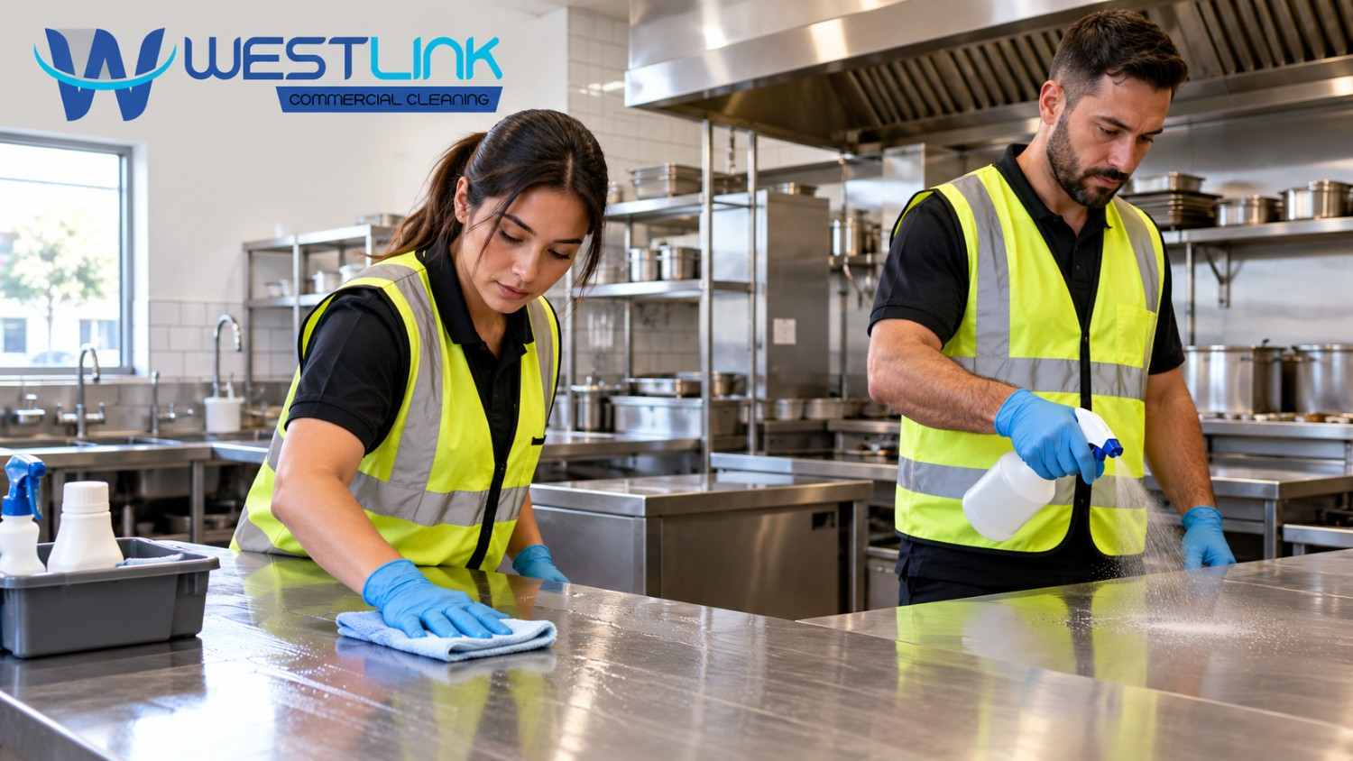 Two professional cleaners wearing high-visibility vests clean and sanitise stainless-steel food preparation surfaces in a modern commercial kitchen.