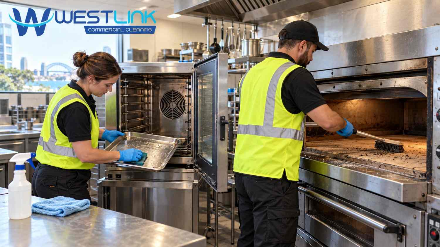 Two professional cleaners in yellow high-visibility vests cleaning different commercial ovens, one wiping a convection oven tray and another brushing debris from a deck oven in a commercial kitchen.