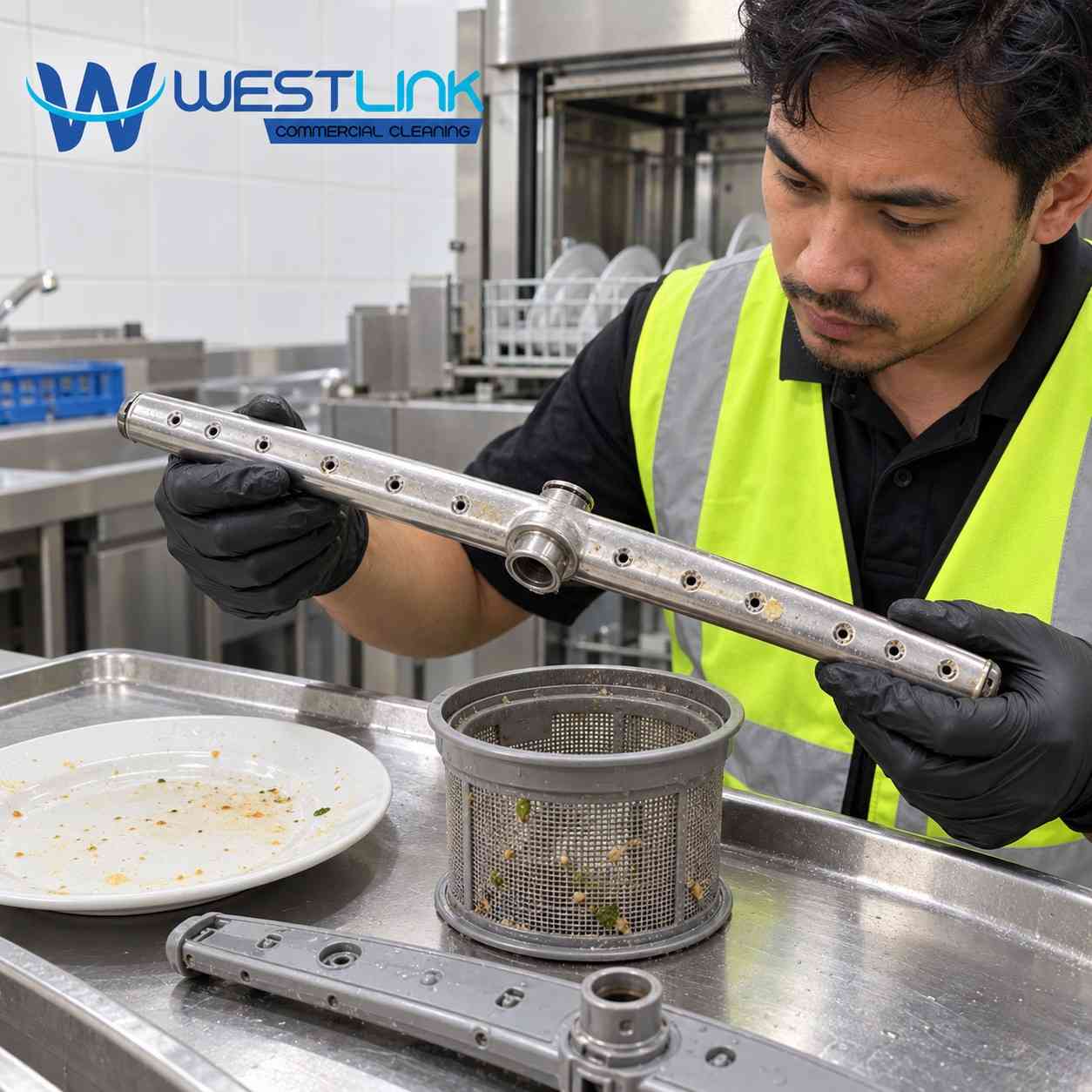 Commercial cleaner inspecting a stainless-steel dishwasher spray arm with residue around its holes, beside a mesh filter containing food debris and a plate with food marks.