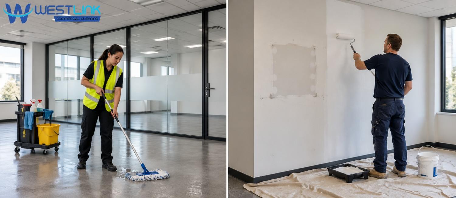 Side-by-side comparison showing a commercial cleaner mopping an empty office and a tradesperson repainting a wall during make-good restoration work.