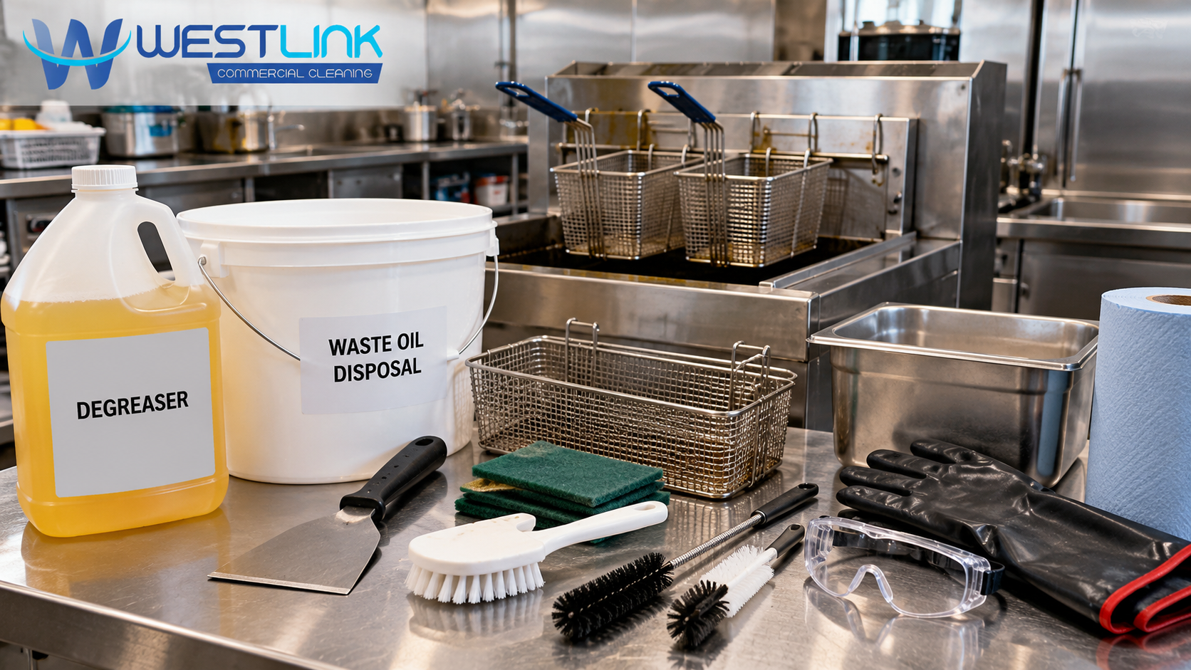 Commercial deep fryer cleaning supplies arranged on a stainless steel workbench, including degreaser, waste oil container, cleaning brushes, scraper, scouring pads, protective gloves and safety goggles.