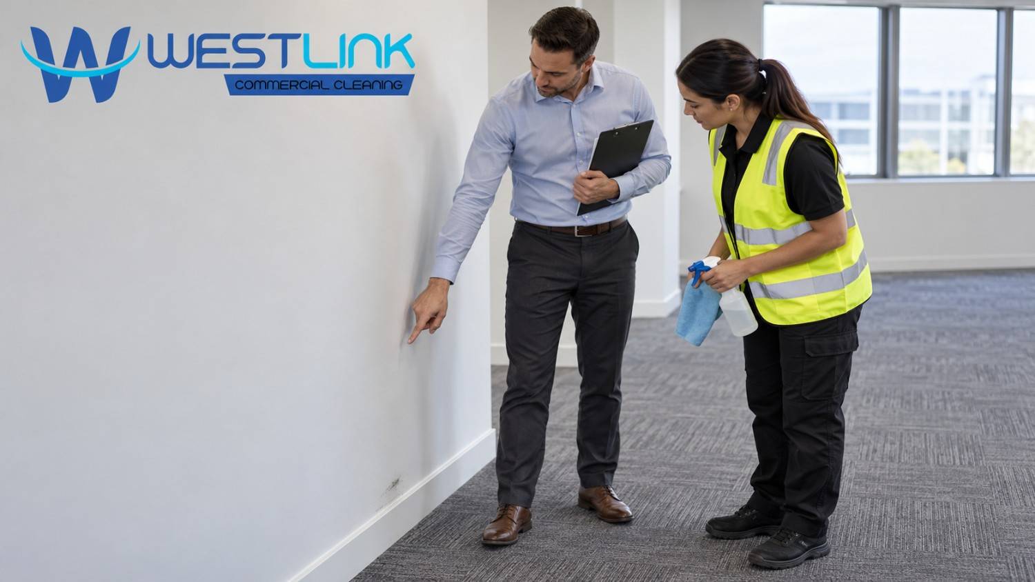 Property manager pointing out a wall scuff during a commercial end-of-lease inspection while a Westlink cleaner wearing a yellow safety vest reviews the issue.
