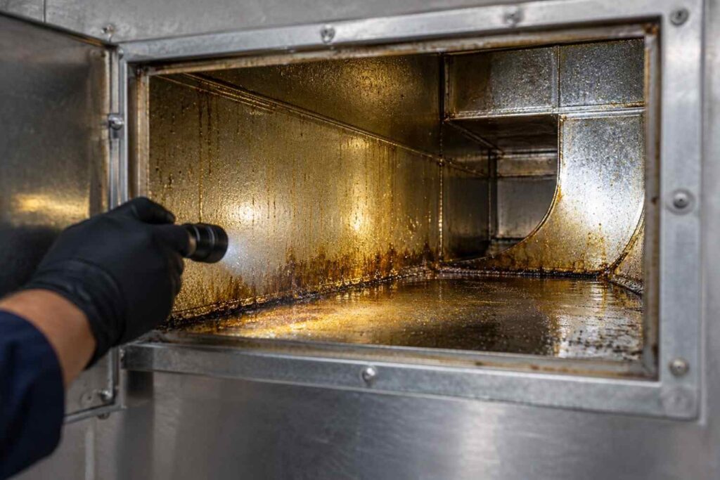 Grease deposits inside an accessible kitchen exhaust duct illuminated during a maintenance inspection.
