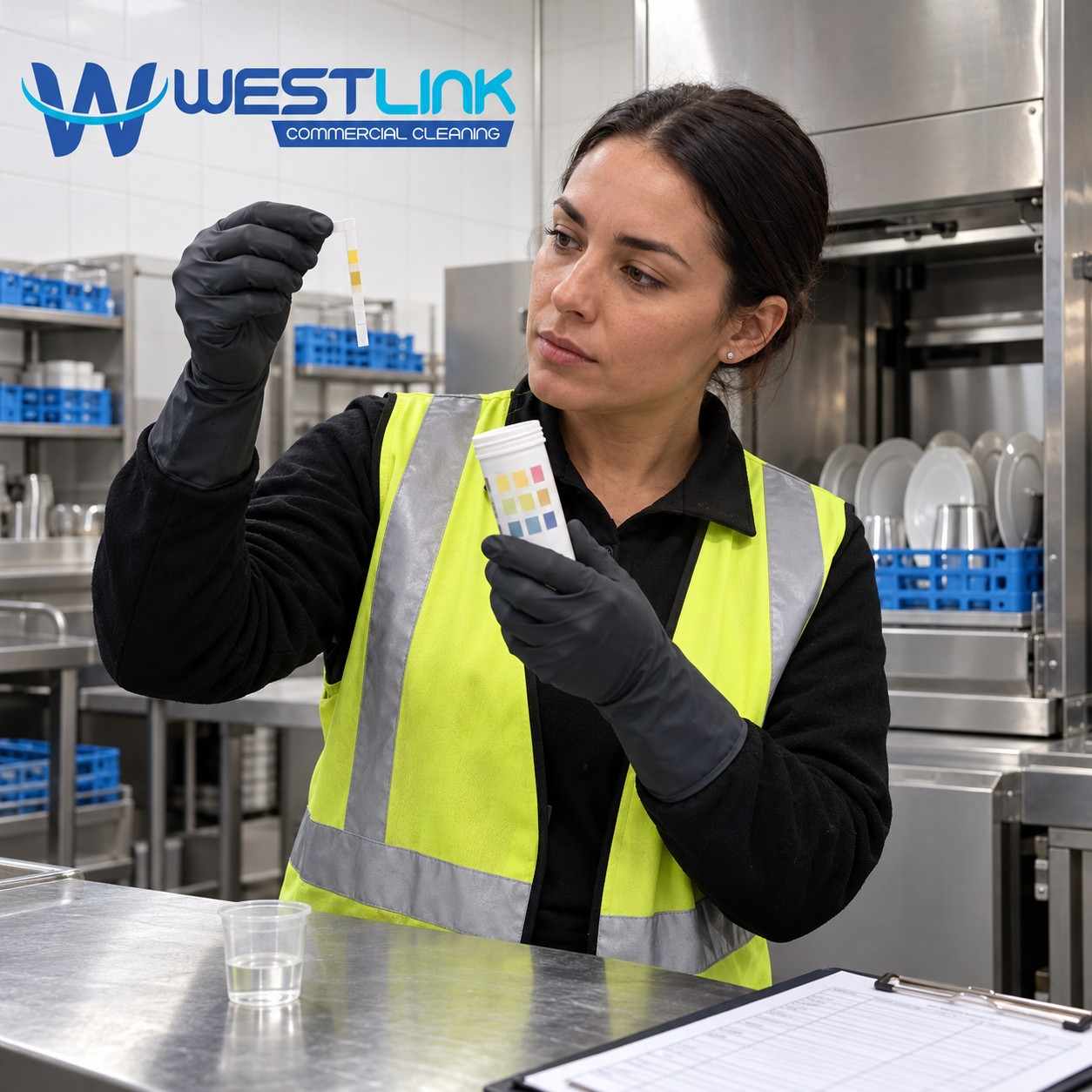 Commercial cleaner wearing a yellow reflective vest examining a sanitiser test strip and comparing it with a colour chart beside commercial dishwashing equipment.