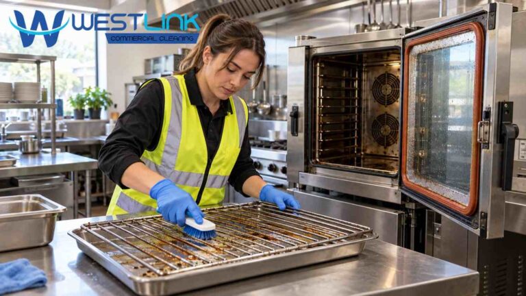 Commercial cleaner wearing a yellow high-visibility vest and blue gloves scrubbing a greasy oven rack beside an open stainless-steel commercial oven in a professional kitchen.