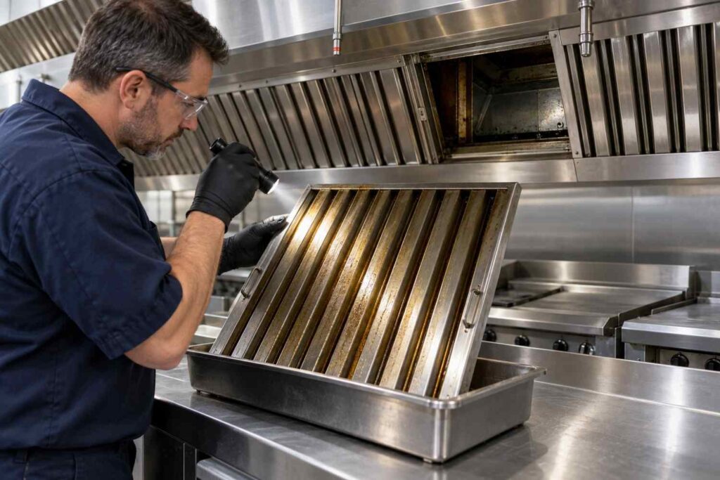 Technician checking a removed baffle filter and the accessible plenum behind a commercial kitchen hood.
