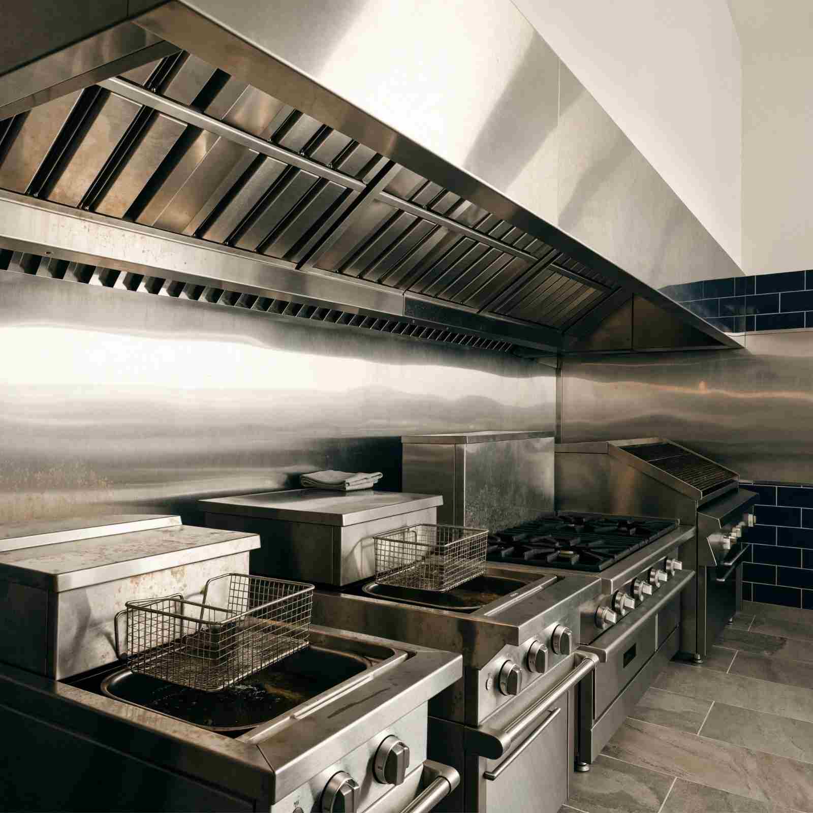 Stainless steel exhaust canopy and baffle filters above a commercial restaurant cooking line.