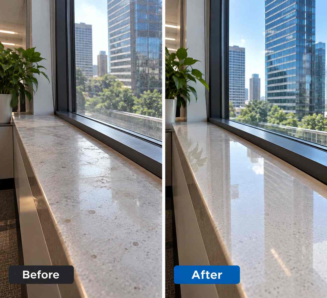 Before-and-after view of a commercial office window sill, showing light dirt and smudges before cleaning and a clean, polished surface with clear glass after cleaning.