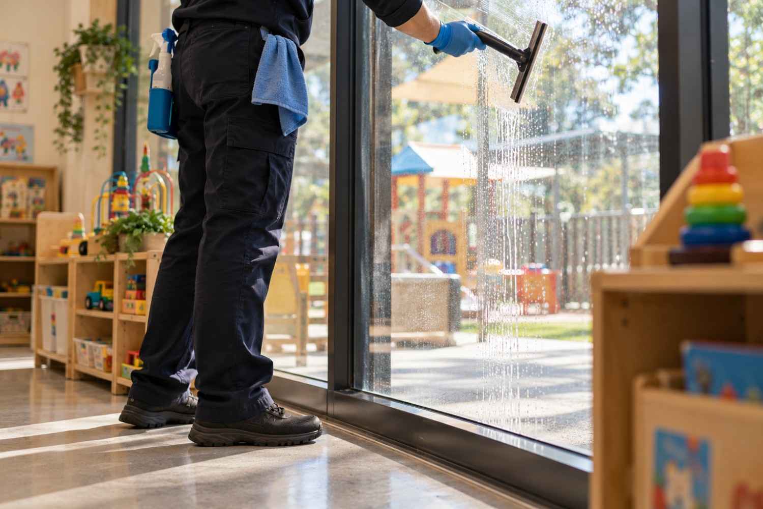 Our cleaner cleaning windows in child care centre Sydney