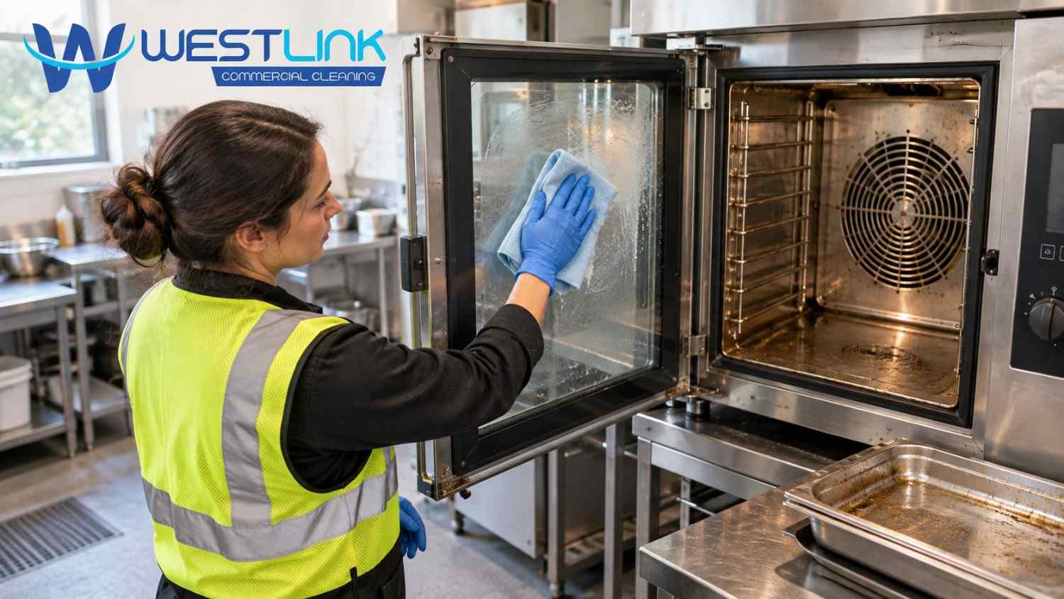 Commercial cleaner wearing a yellow high-visibility vest and blue gloves wiping the glass door of an open stainless-steel convection oven in a professional kitchen.