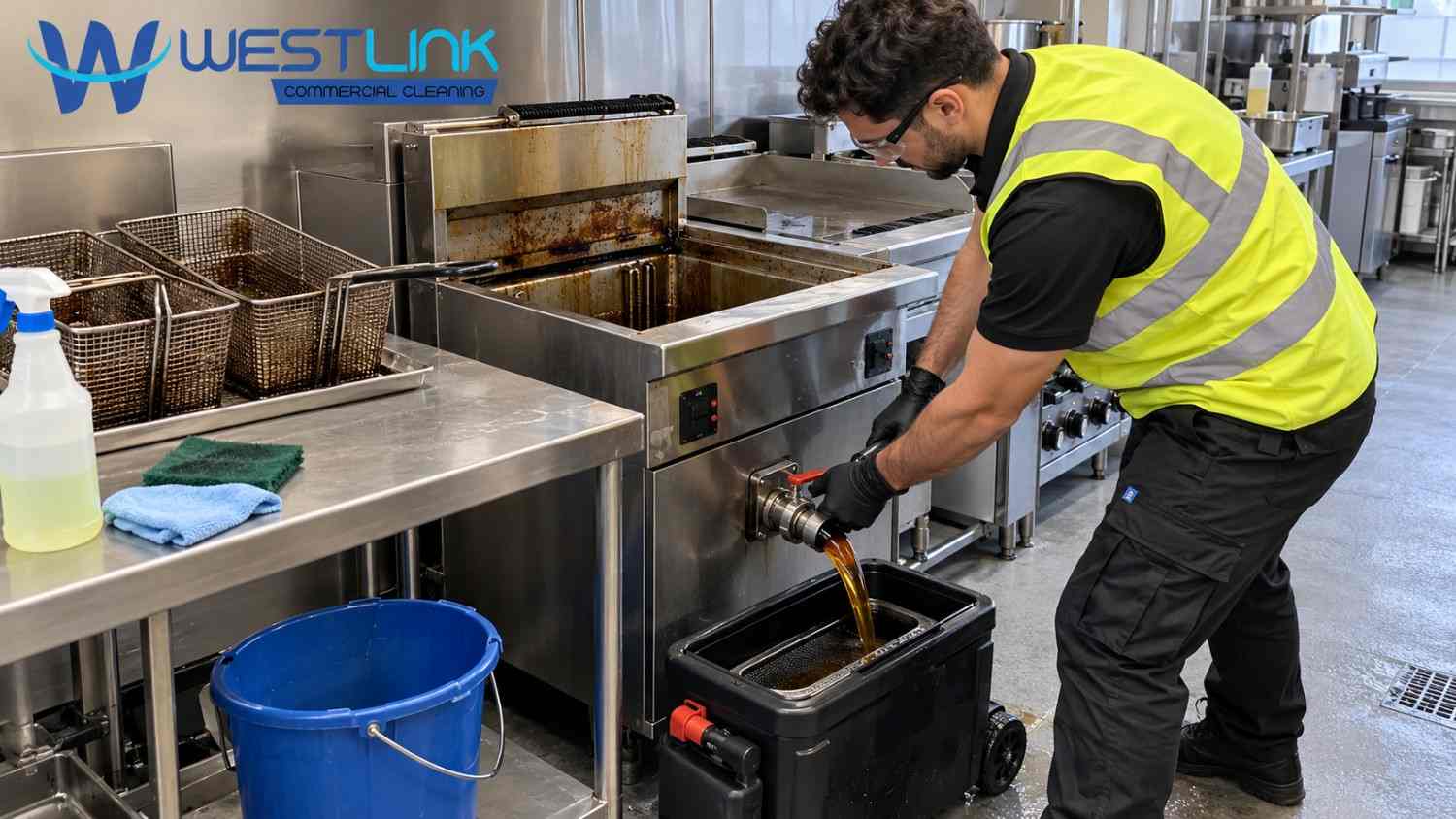 Professional cleaner wearing high-visibility safety gear draining used cooking oil from a commercial deep fryer into a waste oil collection container in a commercial kitchen.