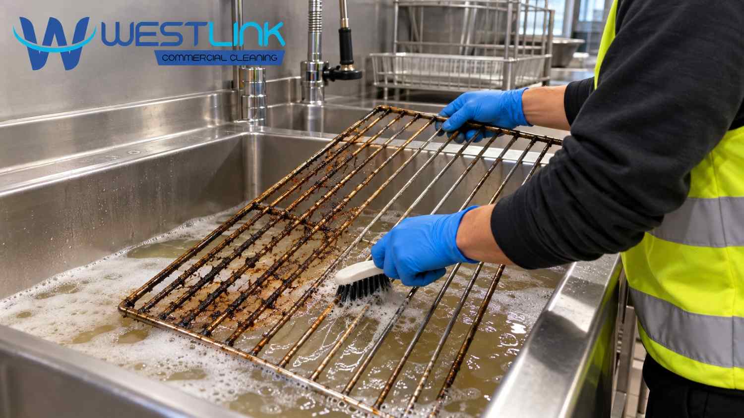 Professional commercial cleaner wearing blue gloves and a yellow high-visibility vest scrubbing baked-on grease from a metal oven rack over a stainless-steel sink filled with soapy water.