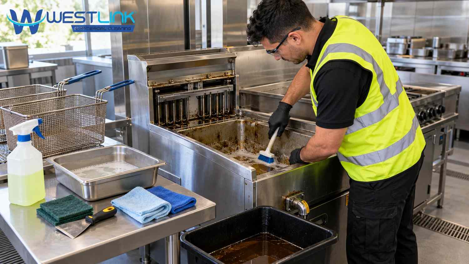 Professional cleaner wearing a high-visibility safety vest and protective gloves scrubbing grease buildup inside a commercial deep fryer using a cleaning brush, with cleaning supplies and a used oil collection container nearby.