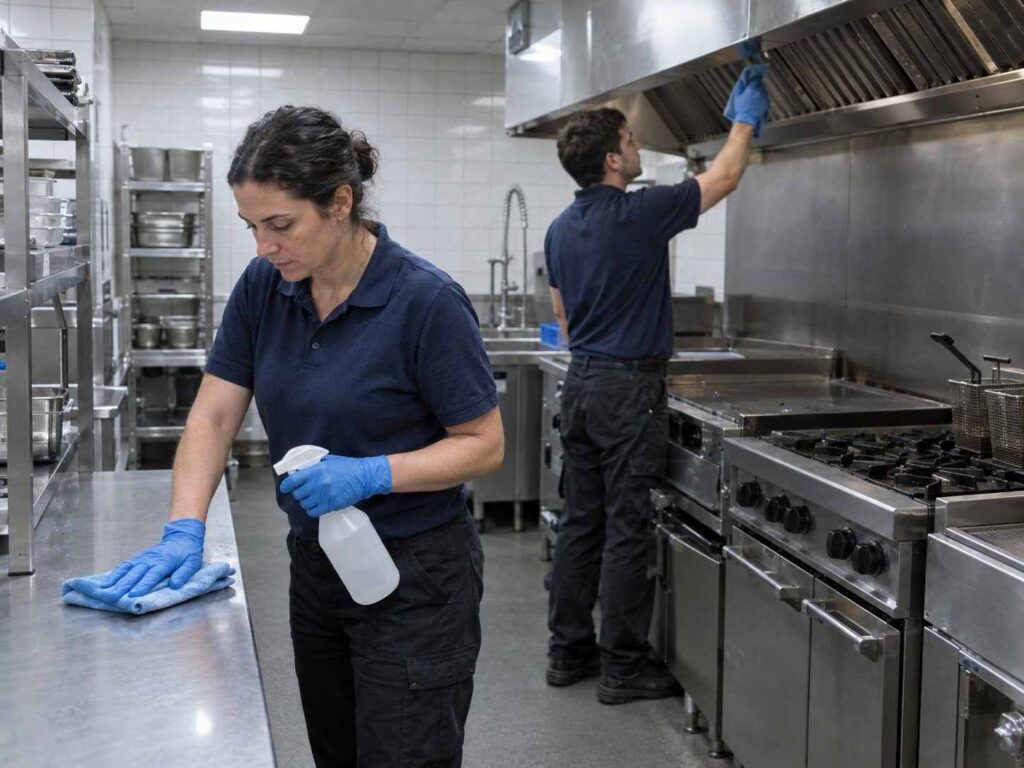 Westlink Commercial Cleaning crew is cleaning a commercial kitchen in Sydney, NSW.
