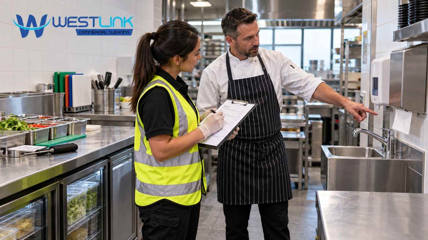 Commercial kitchen supervisor points to a handwashing station while a cleaner in a yellow high-visibility vest records hygiene inspection checks on a clipboard.
