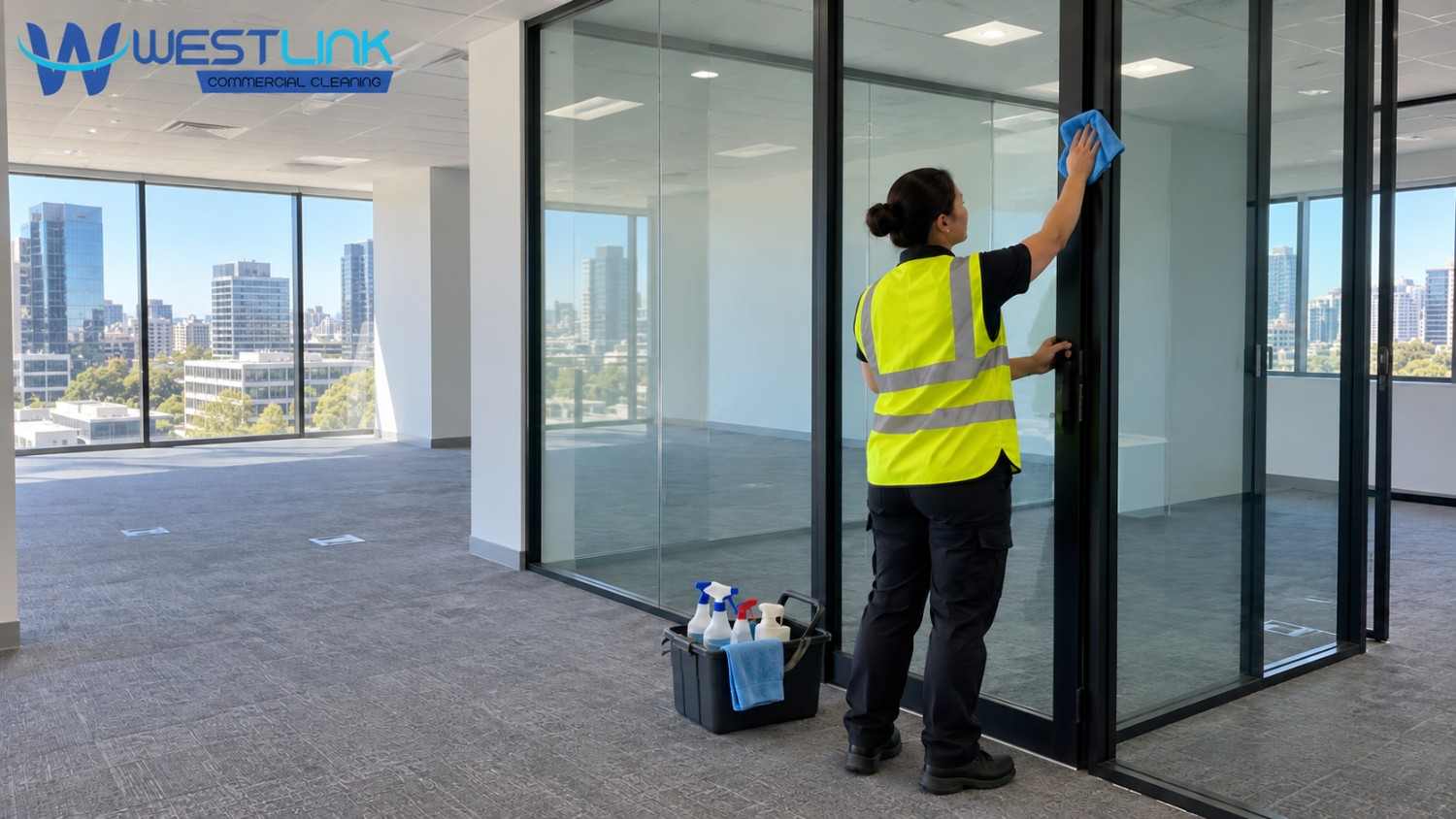 Westlink Commercial Cleaning professional wearing a yellow safety vest and cleaning a glass partition in an empty commercial office during end-of-lease cleaning.