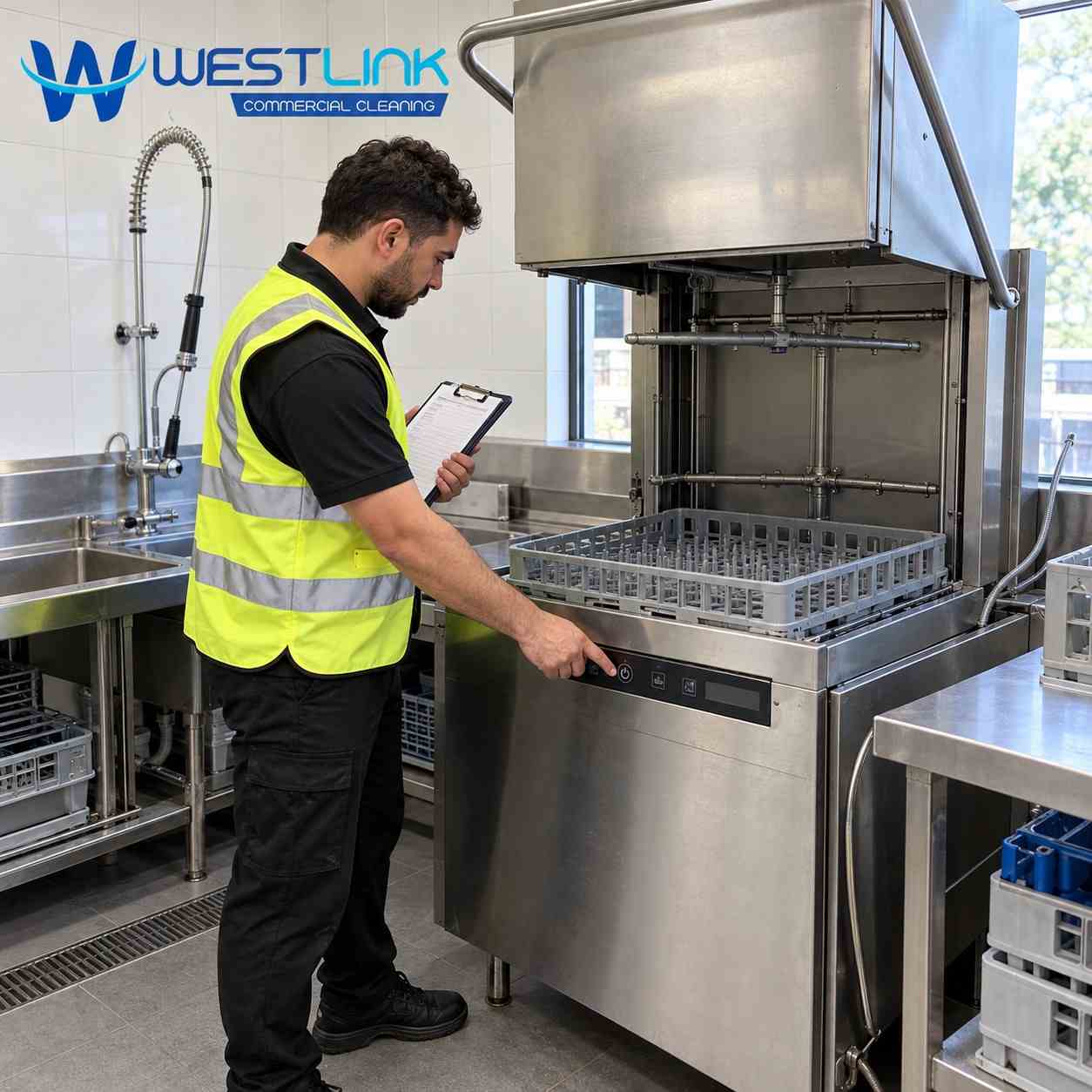 Commercial cleaner wearing a yellow reflective vest checking a dishwasher control panel and inspection checklist beside an open commercial dishwasher.